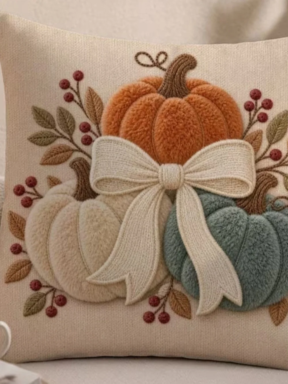 Cozy Fall Pumpkin Pillow Cover in Orange, Cream & Teal